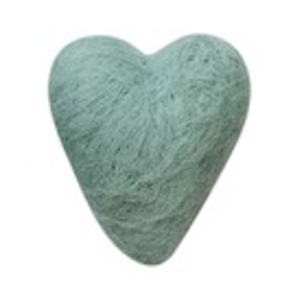 A small, aqua, needle-felted wool heart with a fuzzy texture on a white background.
