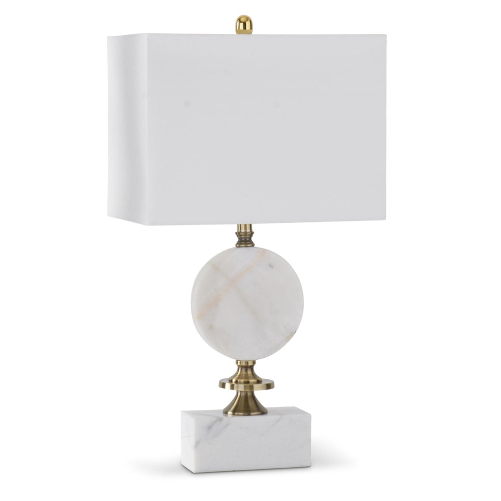 Arabescato white marble table lamp with gold disc accents and a white rectangular shade, isolated on a white background.