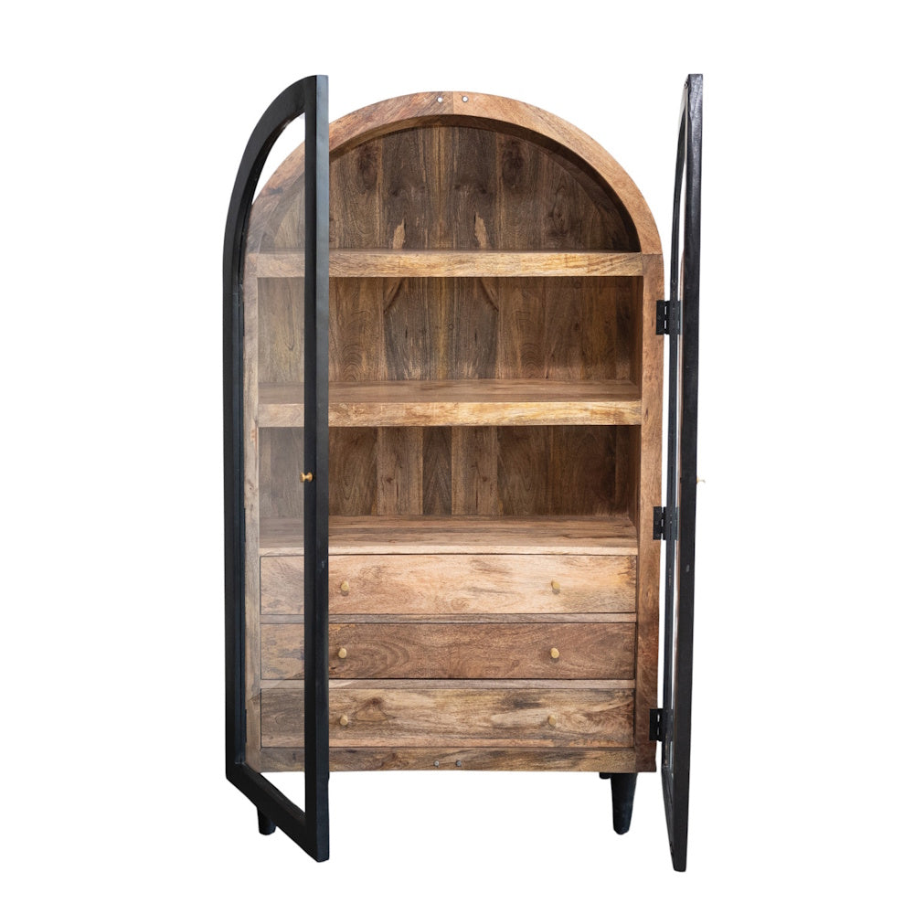 Mid-century modern-style mango wood cabinet with a black metal frame and two glass doors, with four shelves and three drawers.