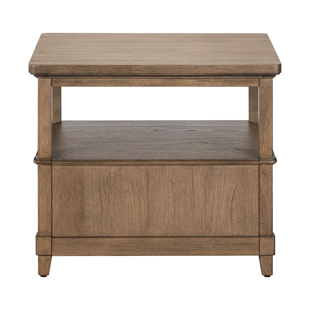 Back view of a brown wooden end table featuring an open middle shelf and an enclosed lower base section.