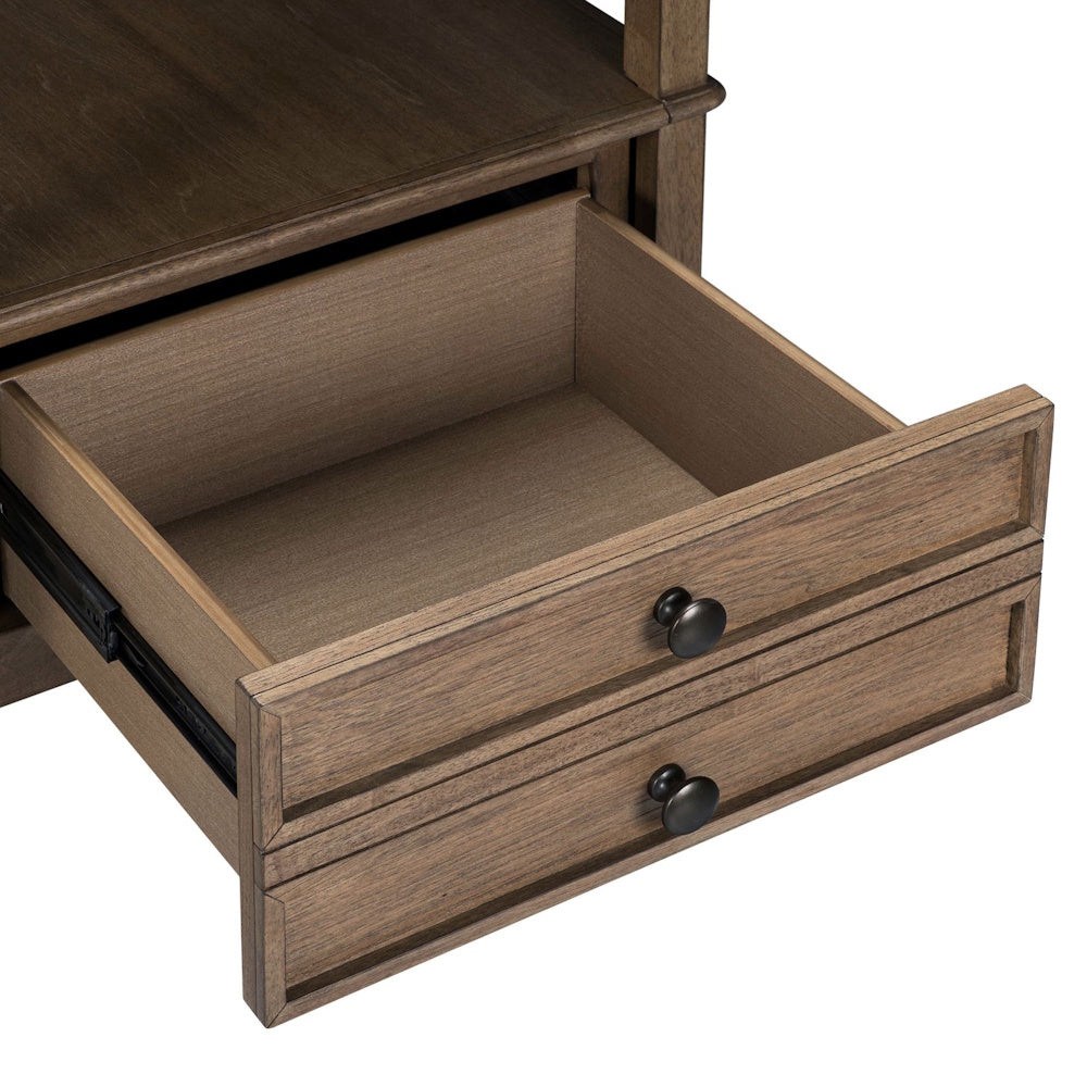 Close-up view of an open wooden end table drawer with a natural finish, metal glides, and two round black knobs.