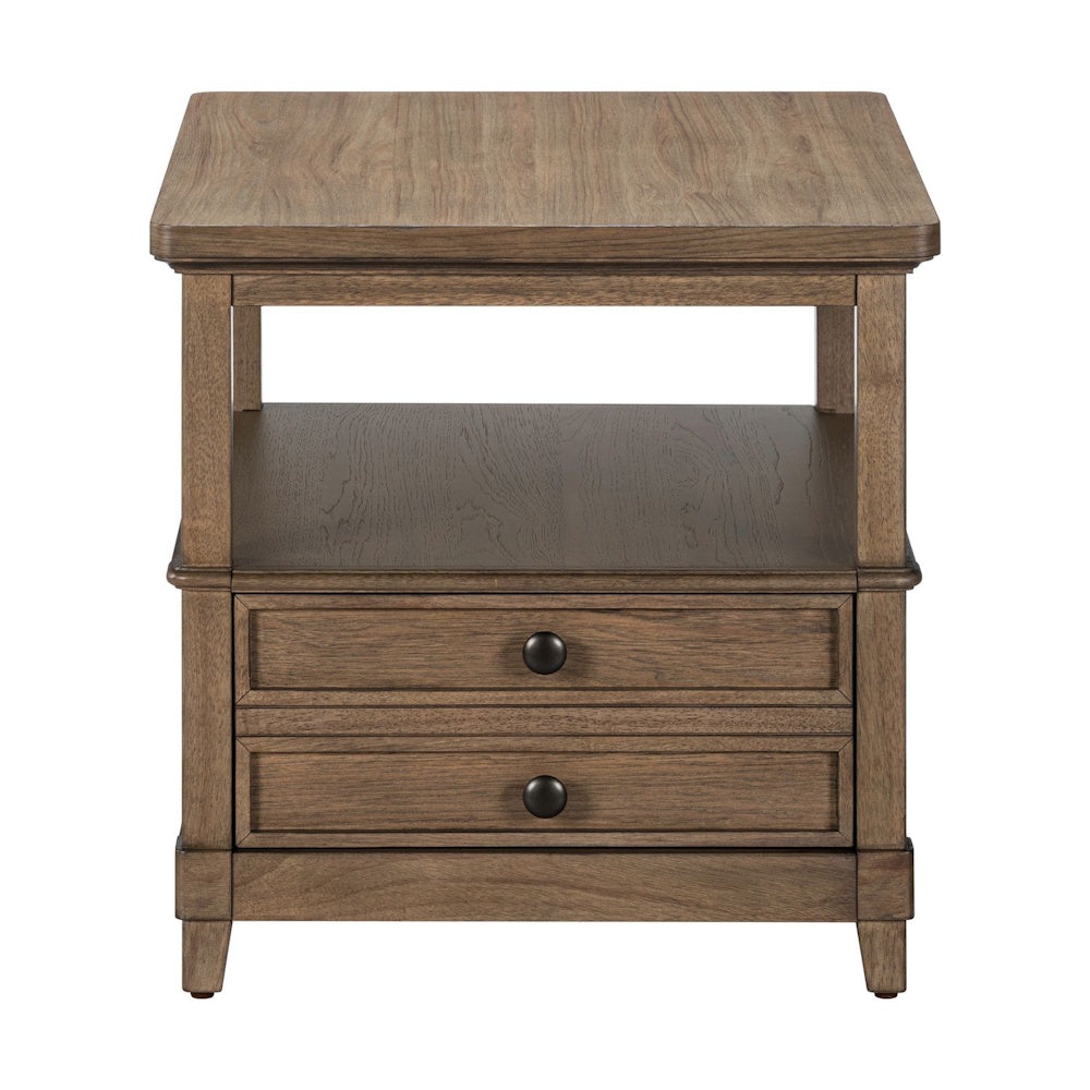 Rustic brown wood end table with an open storage shelf, lower drawer with dark knob handles, and tapered legs.