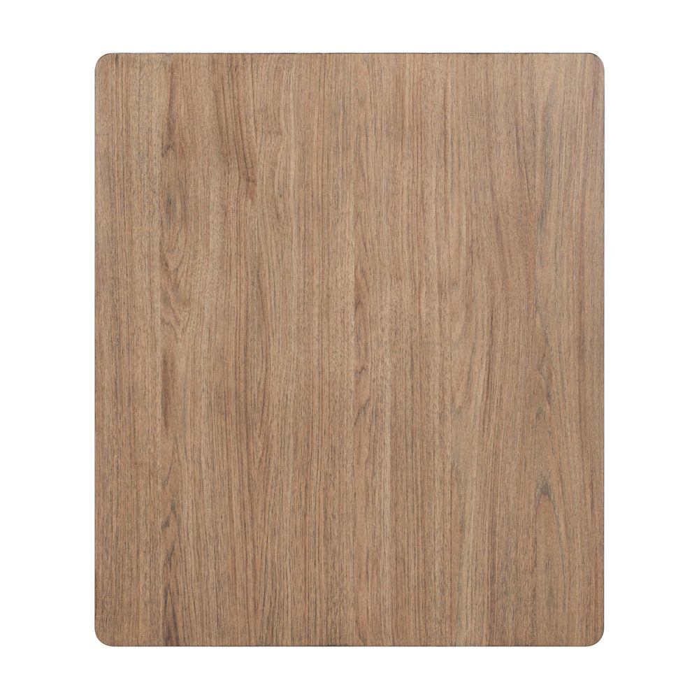 Top-down view of a rectangular warm brown wood tabletop with smooth rounded corners and visible wood grain.