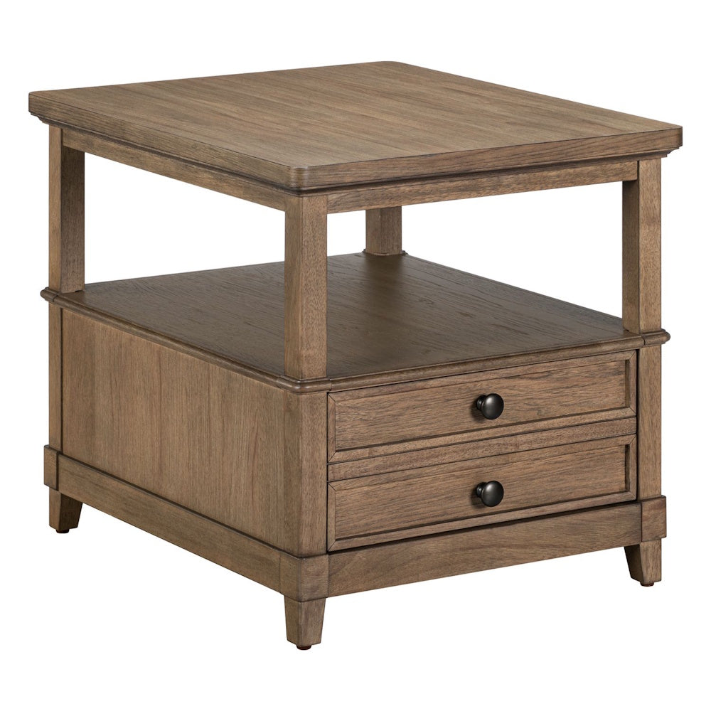 Wooden end table featuring an open top shelf above two lower drawers with dark round knobs.