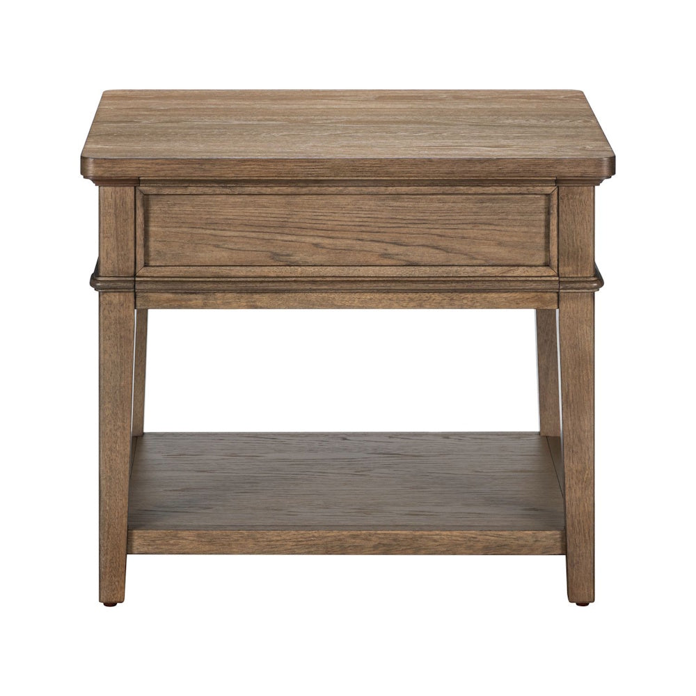 Back view of a rectangular brown wooden end table featuring an open bottom shelf.