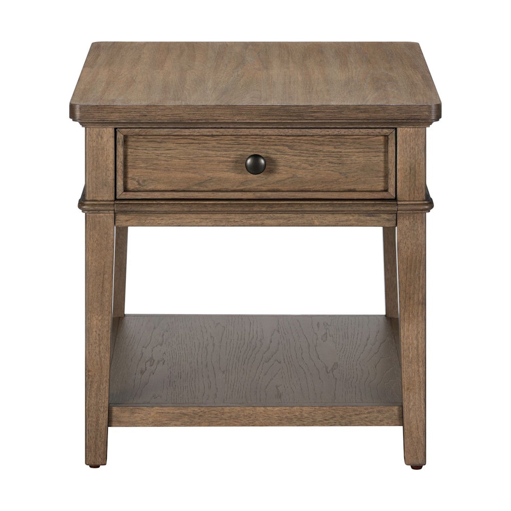 Front view of a wooden end table with one drawer, a round dark knob, and an open bottom shelf.