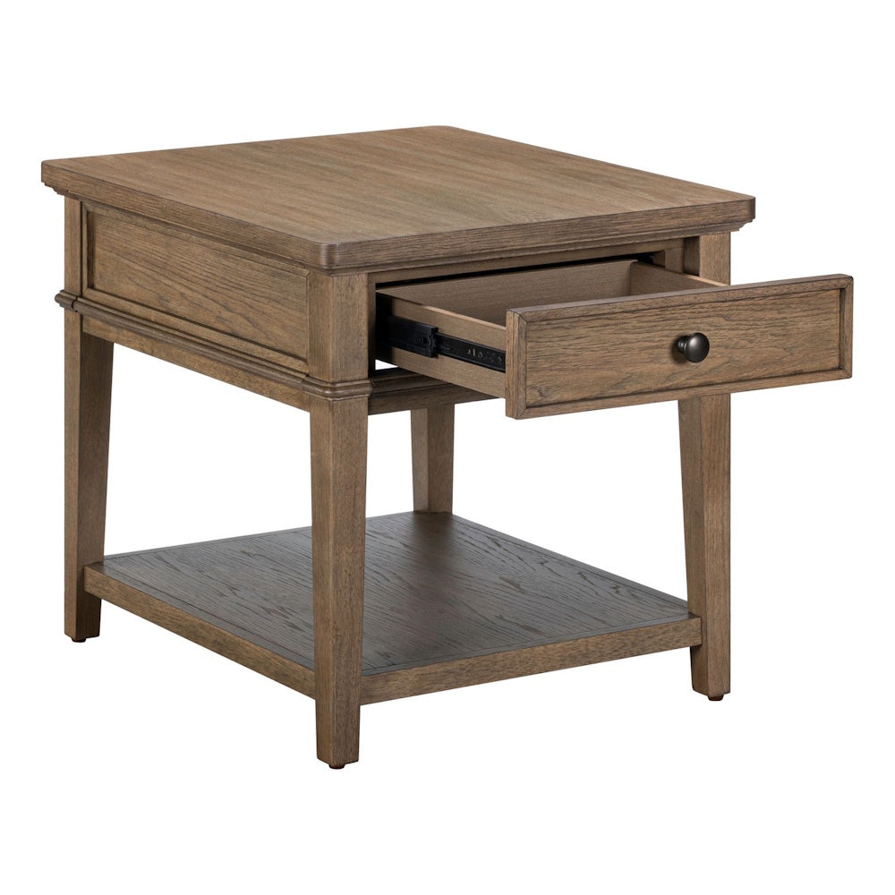 Light-brown wooden end table featuring an open drawer with a dark knob and a lower display shelf.