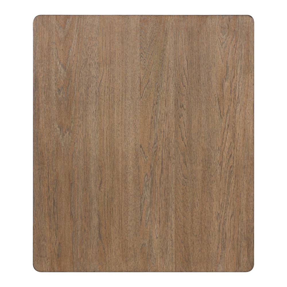 Top-down view of a rectangular wooden end table surface with vertical grain and smooth, rounded corners.