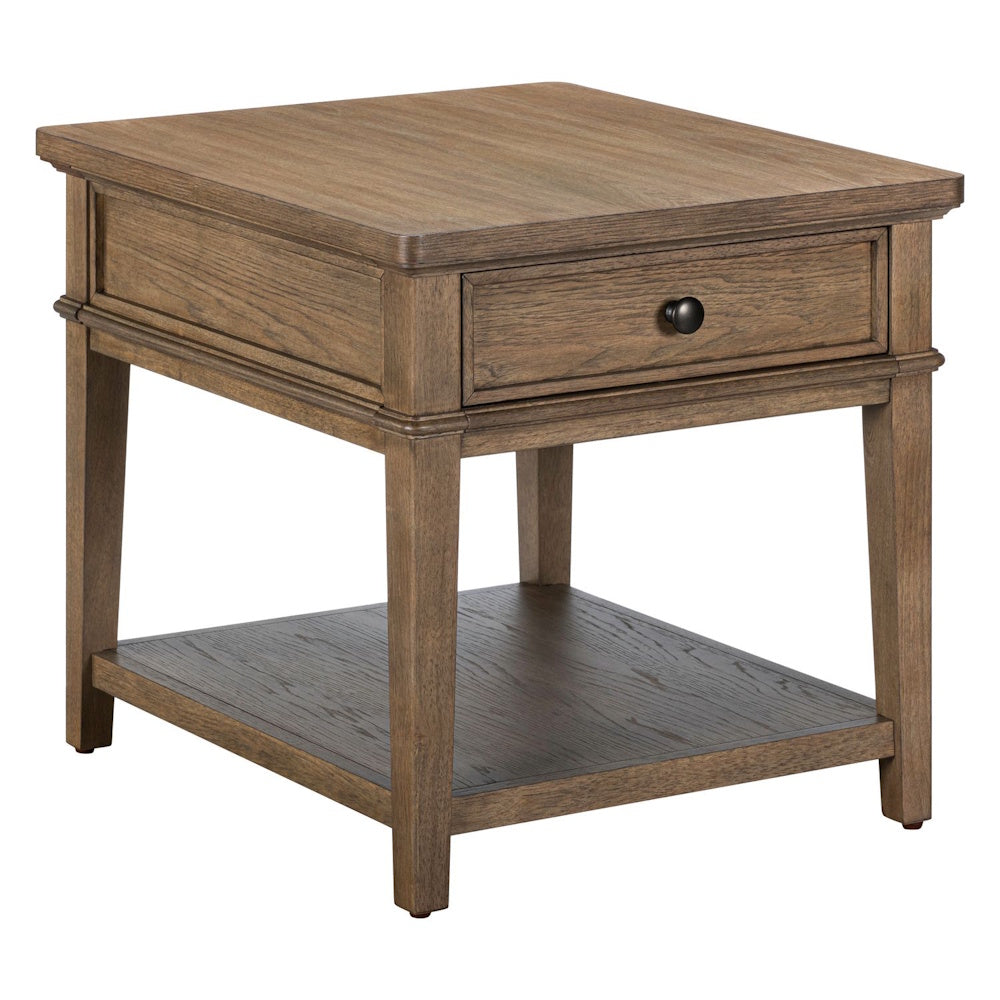 Square wooden end table with a single top drawer featuring a black knob and a lower open display shelf.