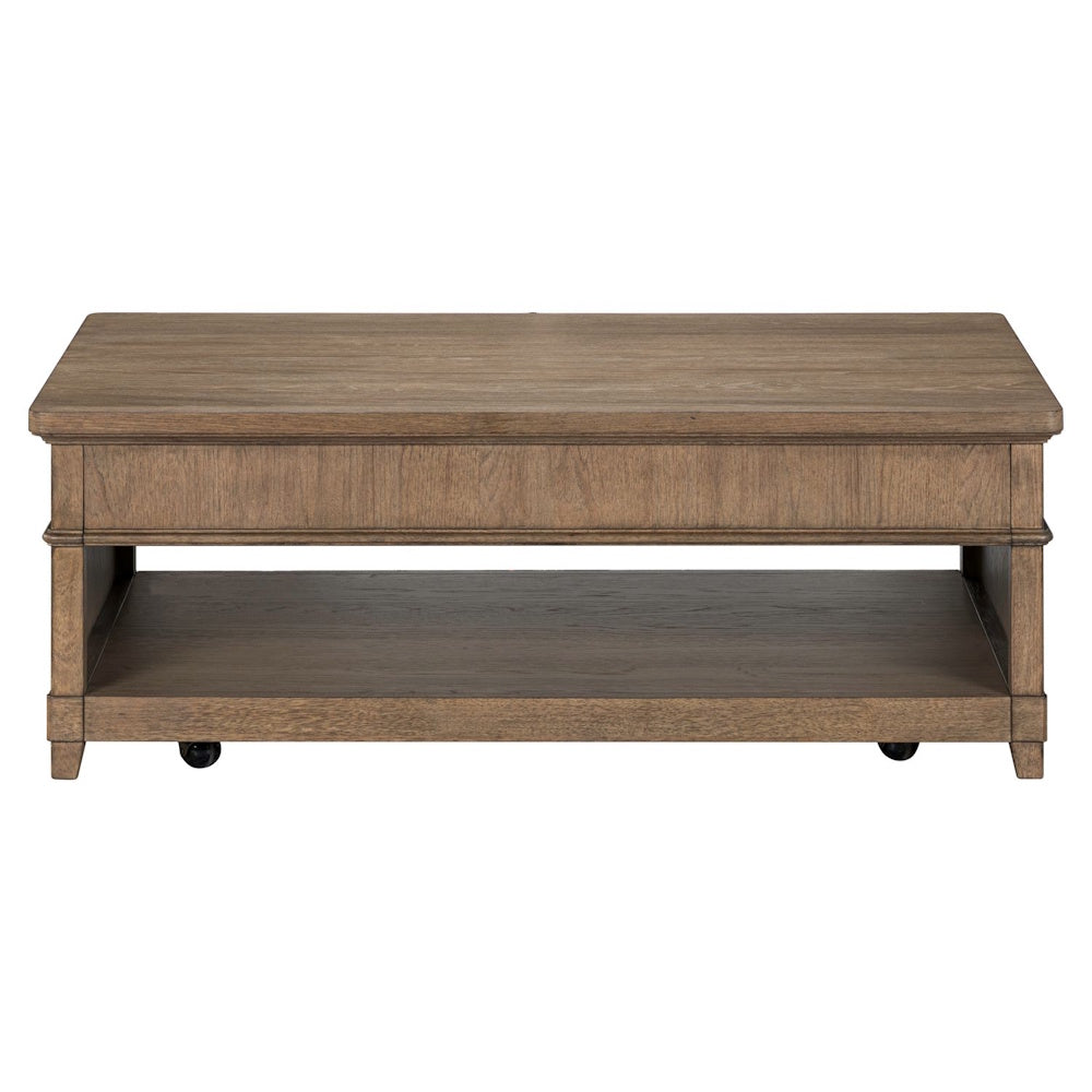Back view of a rectangular brown wooden cocktail table with an open lower shelf and casters.