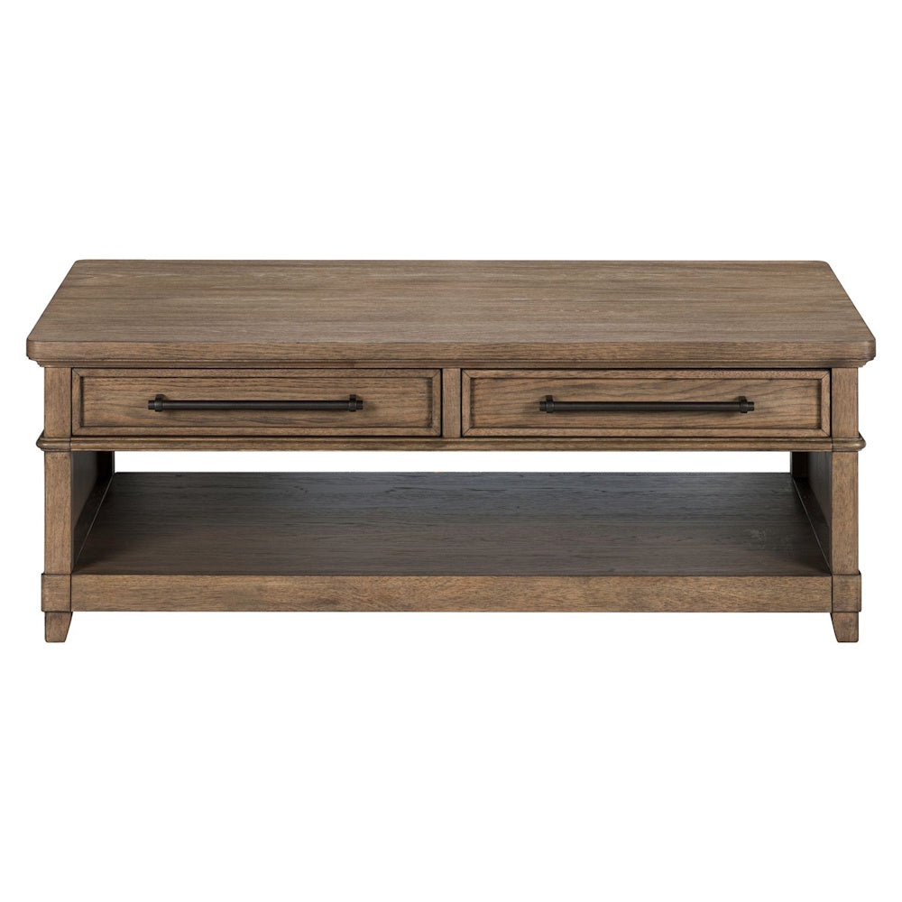 Rustic brown wood rectangular cocktail table with two drawers, dark bar pulls, and a lower open shelf.