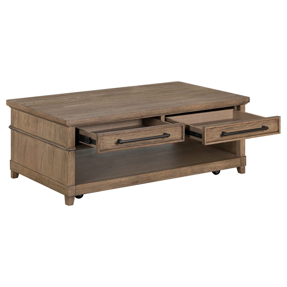 Rectangular brown wooden cocktail table with two open drawers, a bottom shelf, and casters.