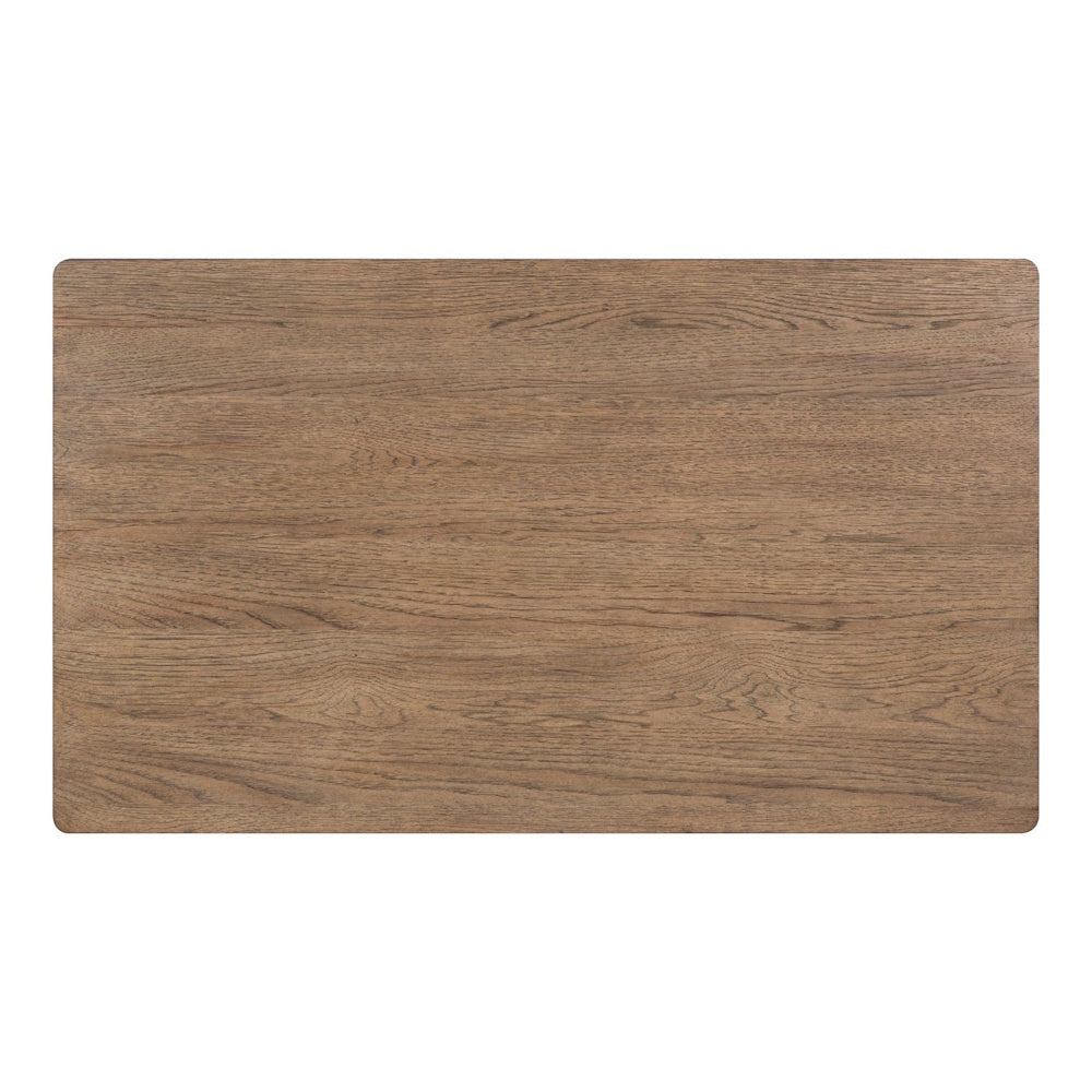 Top-down view of a rectangular wooden table surface showing a light oak wood grain finish with rounded corners.