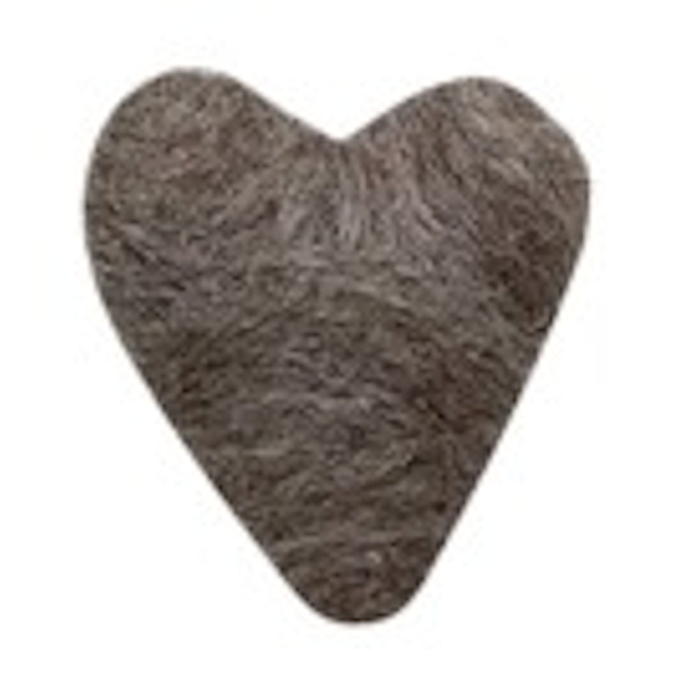 A small, ash, needle-felted wool heart with a fuzzy texture on a white background.