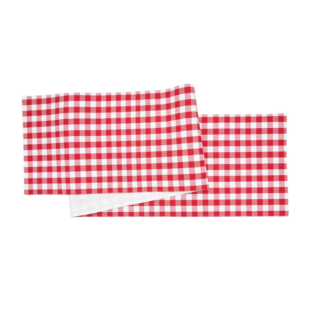 A red and white gingham check table runner is shown folded against a solid white background.