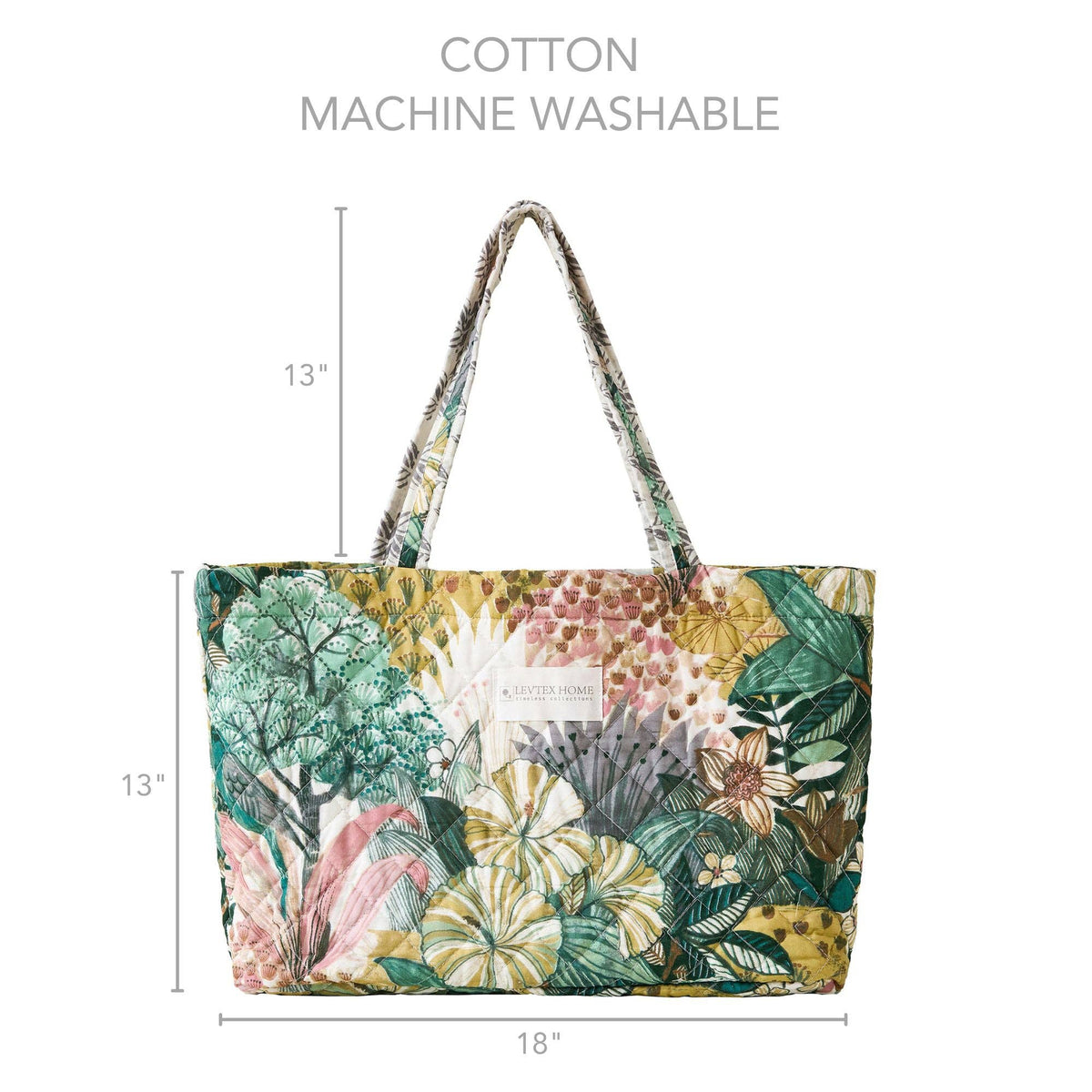 Floral quilted cotton tote bag by Levtex Home. Machine washable. Dimensions: 18"W x 13"H with 13" strap drop.