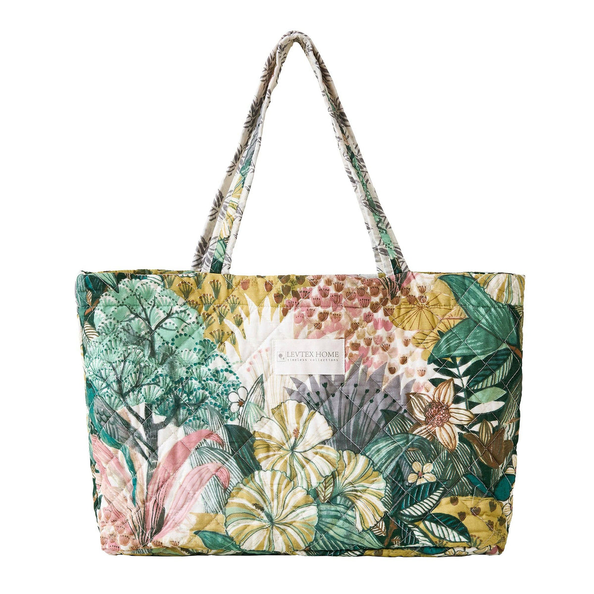 Quilted Levtex Home tote bag featuring a vibrant tropical floral and leaf pattern in green, pink, and yellow.