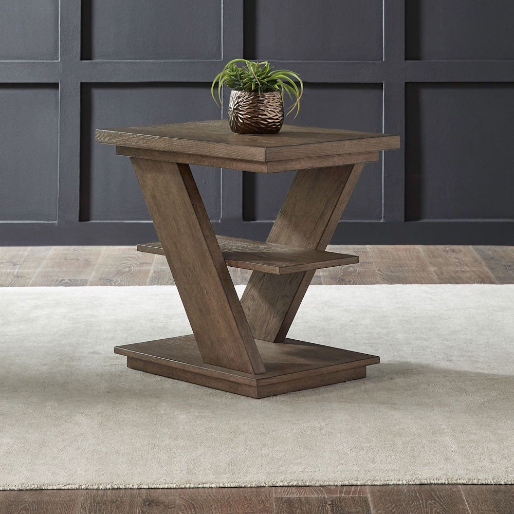 Rustic Aspen Sky chairside table with a Z-shaped wood frame, tiered shelving, and a small potted plant on top.