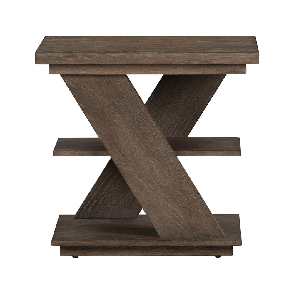 Rustic brown wood chairside end table with X-frame base and middle storage shelf on a white background.