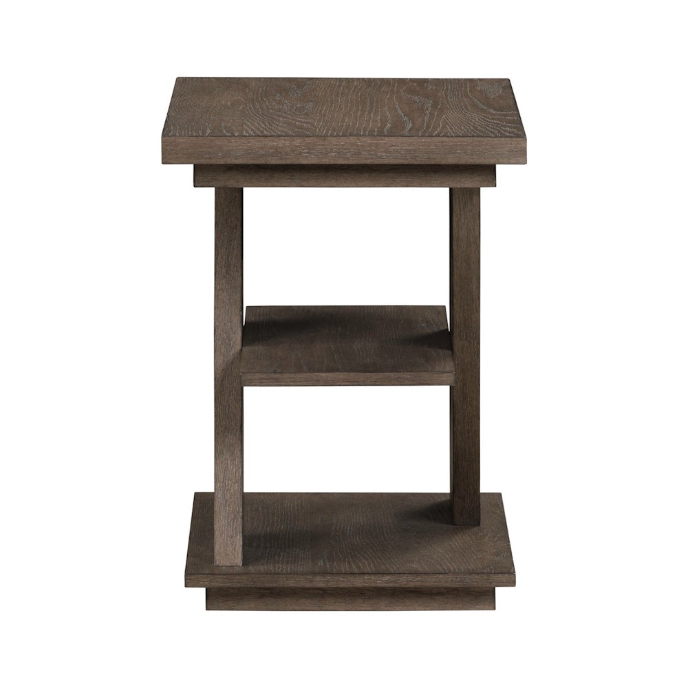 Side view of the Aspen Sky chairside table in russet brown wood, showing the narrow profile and two open storage shelves.