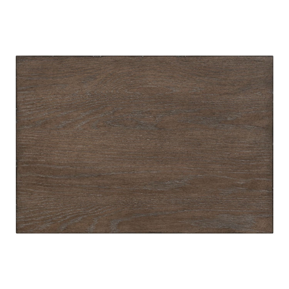 Top view of a rectangular Aspen Sky chairside table featuring a dark brown wood grain finish and rustic texture.