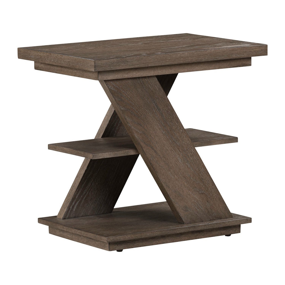 Rustic Aspen Sky chairside table featuring a dark russet brown wood finish and a modern Z-shaped silhouette with open shelving.