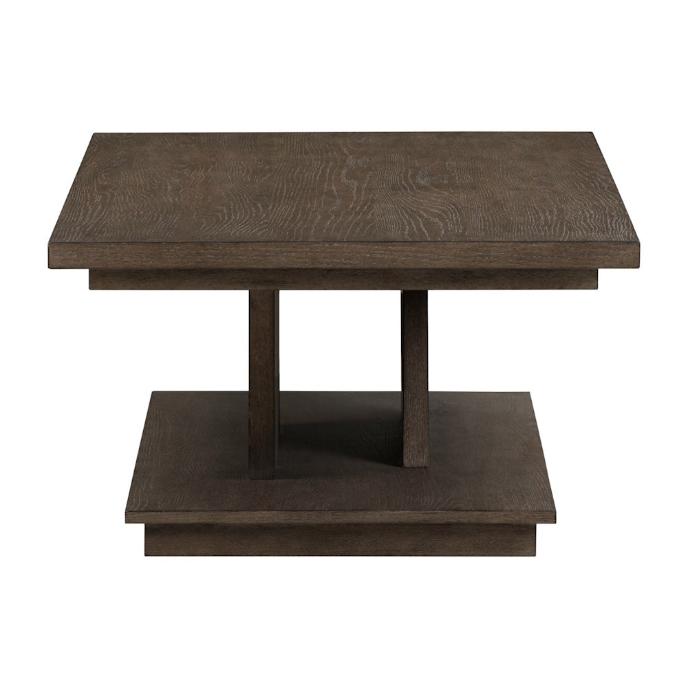 Square Aspen Sky cocktail table in a dark wood finish with a pedestal base and visible wood grain.