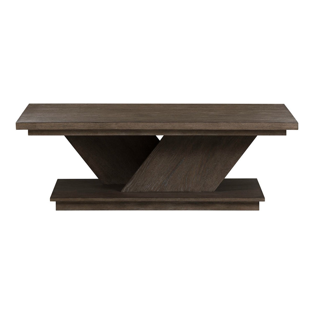 Side view of the Aspen Sky cocktail table in a dark charcoal finish, featuring a modern geometric pedestal base.