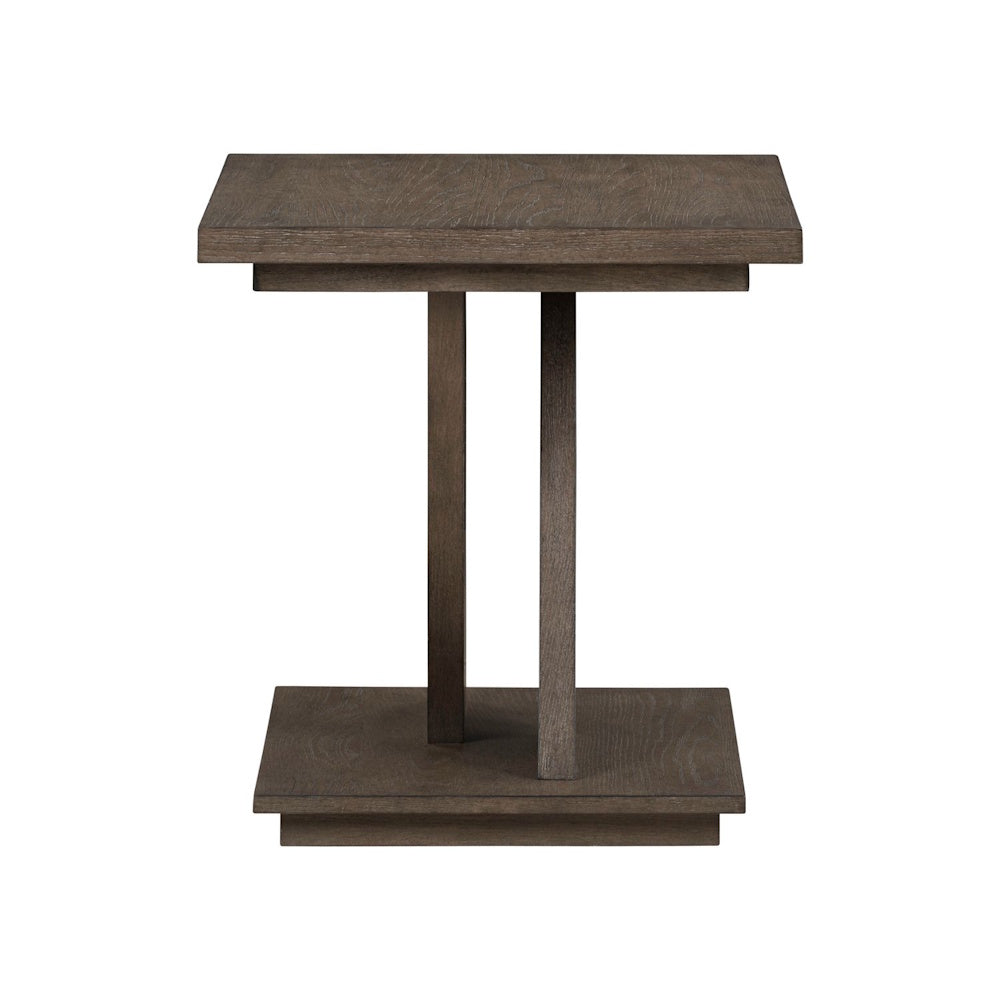 Dark ash wood Aspen Sky end table with a minimalist square top and geometric pedestal base on a neutral background.