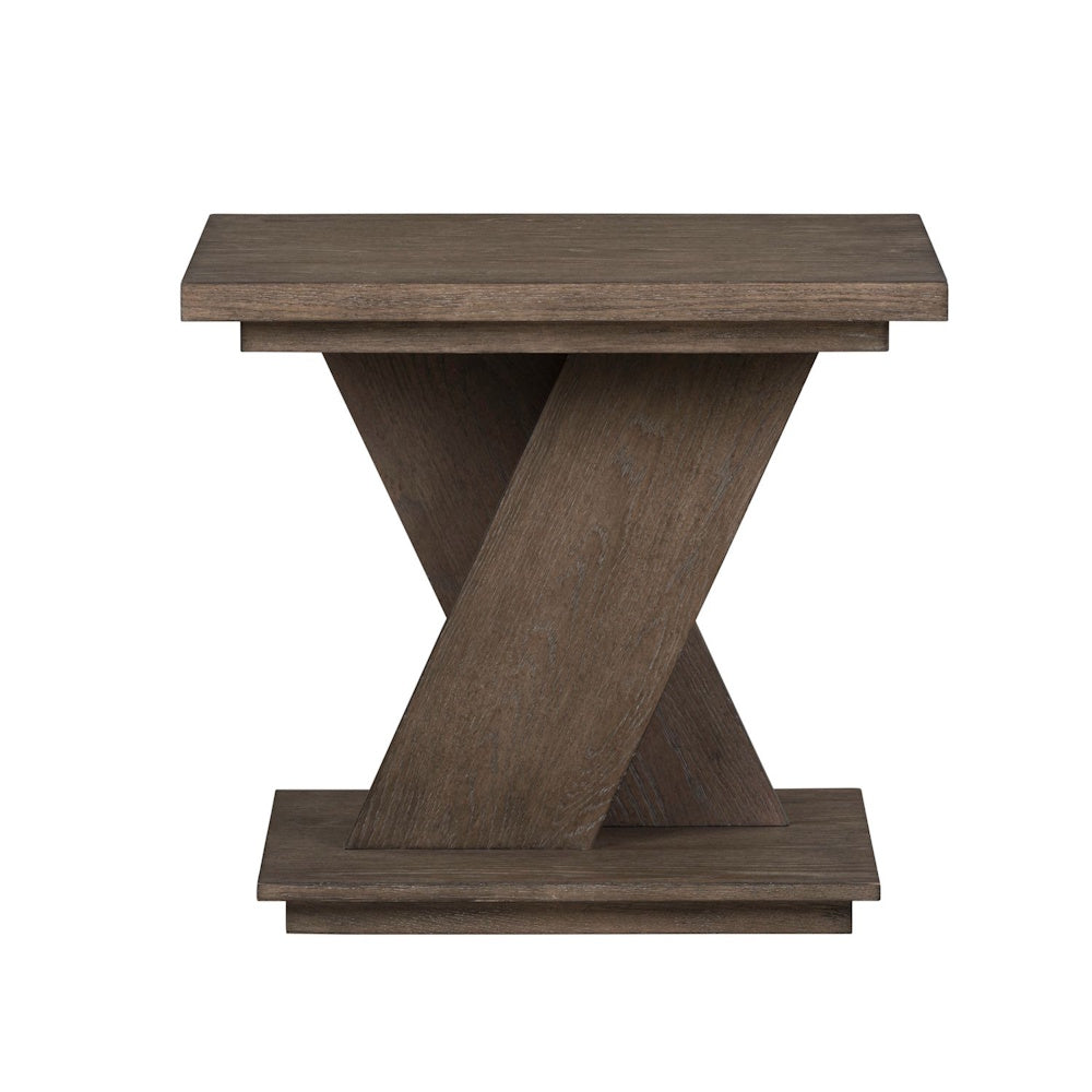 Rustic dark wood end table with a modern X-base design, featuring a square top and matching pedestal base on a white background.