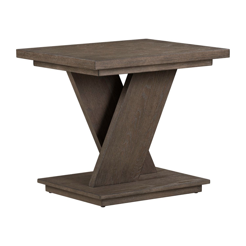 Modern rustic dark brown wood end table with a square top and a unique V-shaped pedestal base on a solid platform.