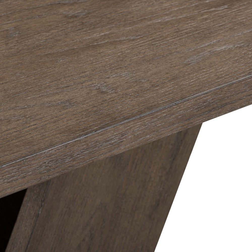 Close-up of the Aspen Sky end table showing the weathered gray wood grain finish and durable tabletop edge.