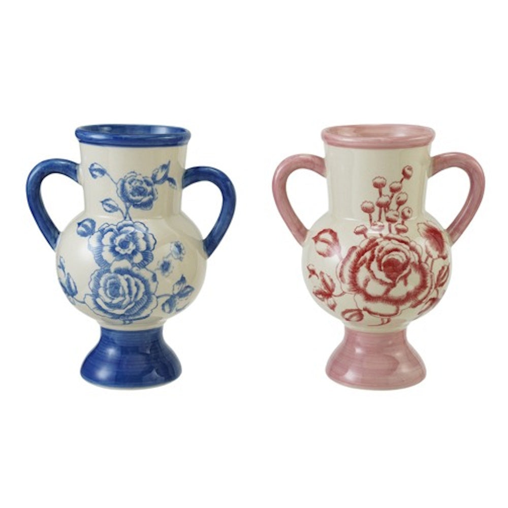 Two hand-painted stoneware vases with handles and floral designs, one in blue and one in pink.