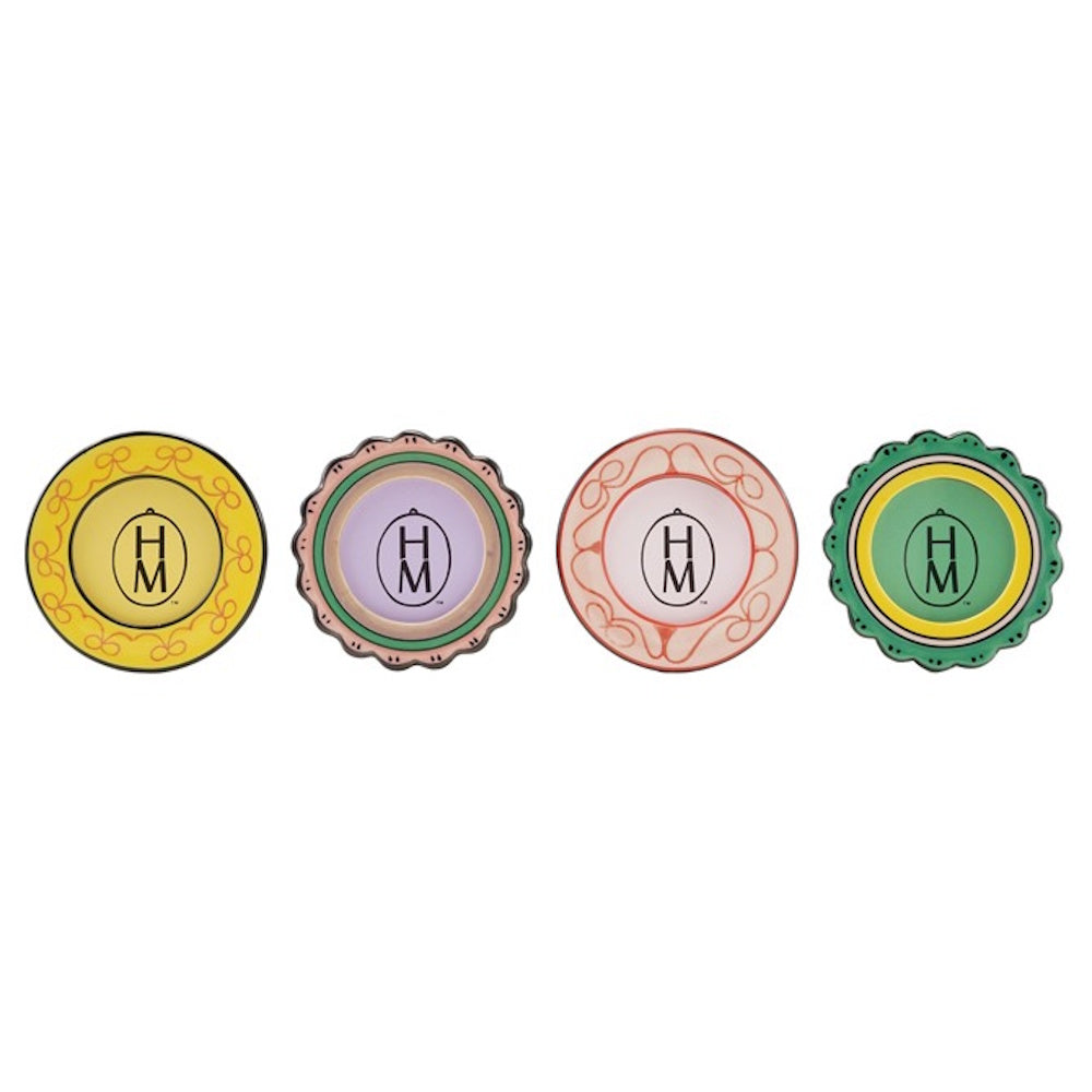 Four round, colorful stoneware mini photo frame magnets in yellow, purple, pink, and green with decorative borders.