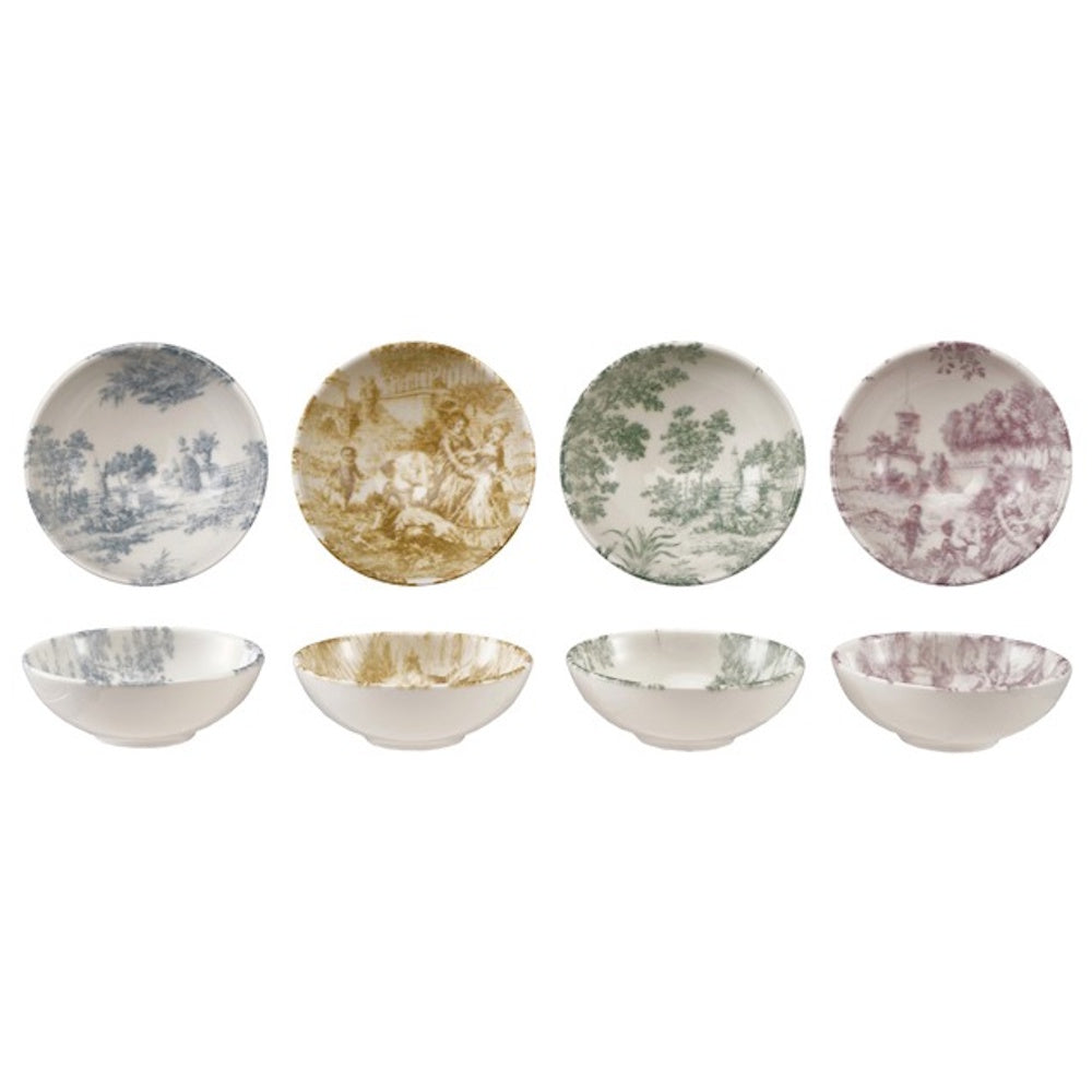 Four stoneware bowls with pastoral toile patterns in blue, gold, green, and purple, shown from top and side views.