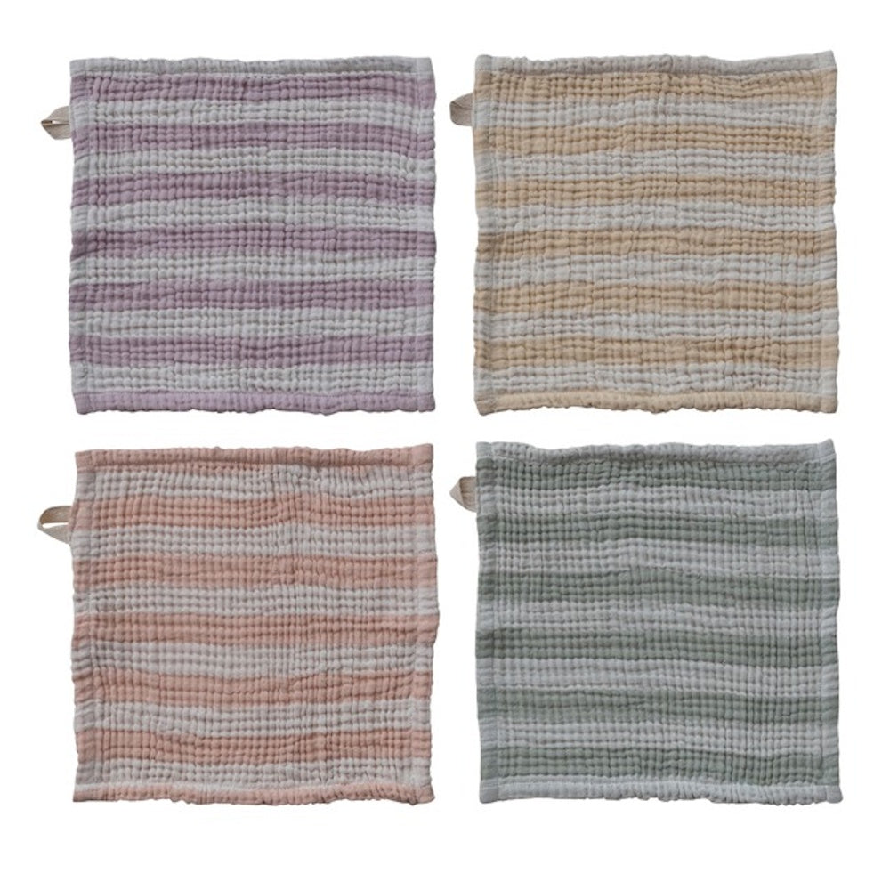 Four square, textured cotton dishcloths with horizontal stripes in muted purple, yellow, pink, and green on white.