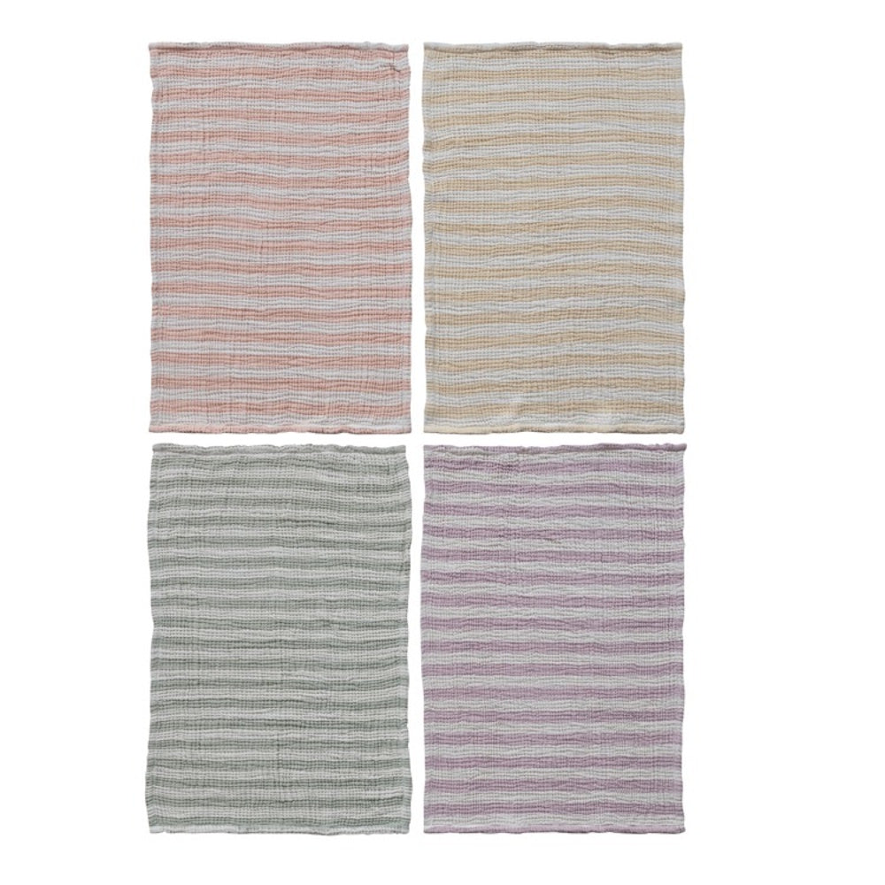 Four rectangular striped tea towels in pink, yellow, green, and purple, arranged in a two-by-two grid.