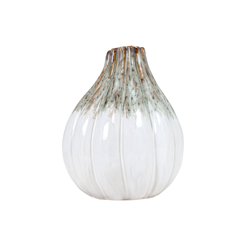 Small ribbed Audrix short vase with a white glazed base and textured brown and sage green neck on a white background.