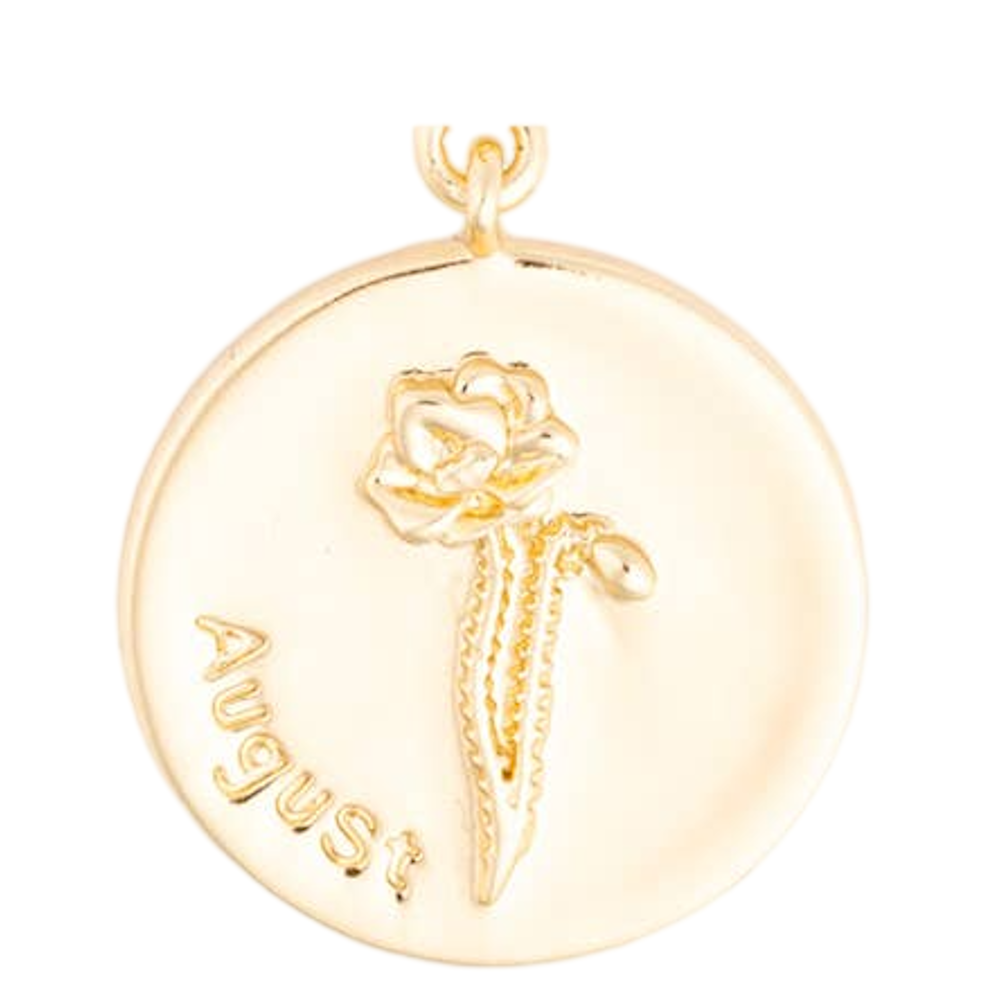 Round gold pendant charm featuring an engraved poppy flower and the word "August".