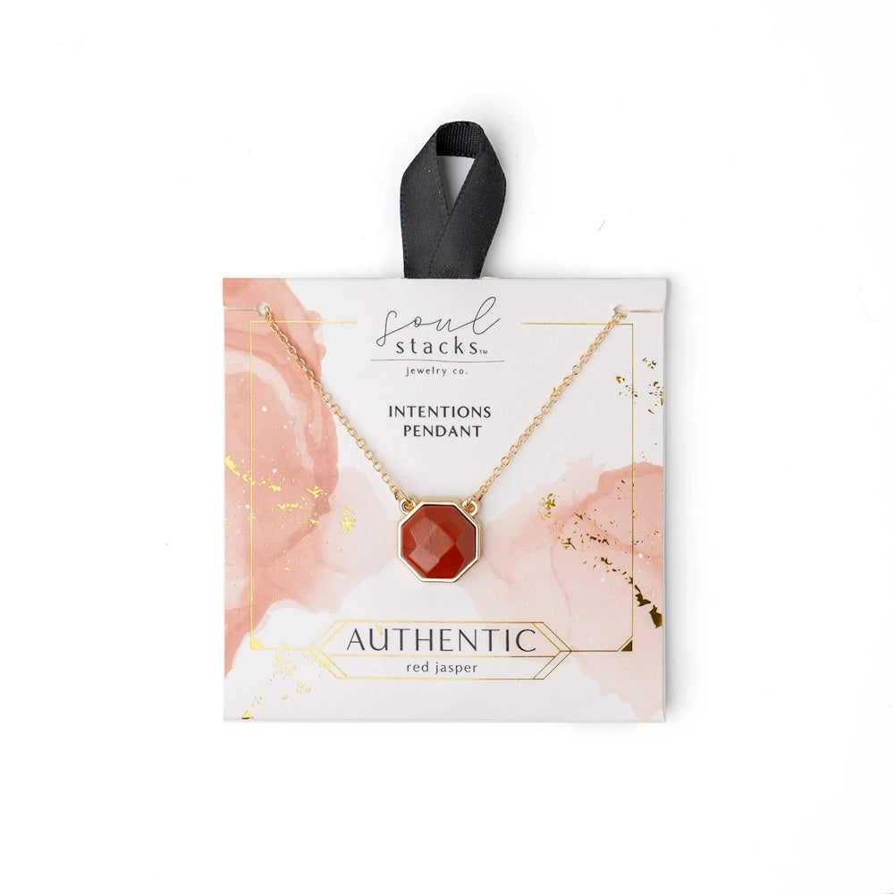 Soul Stacks Intentions Pendant necklace featuring an octagonal red jasper stone on a gold chain with authentic packaging.