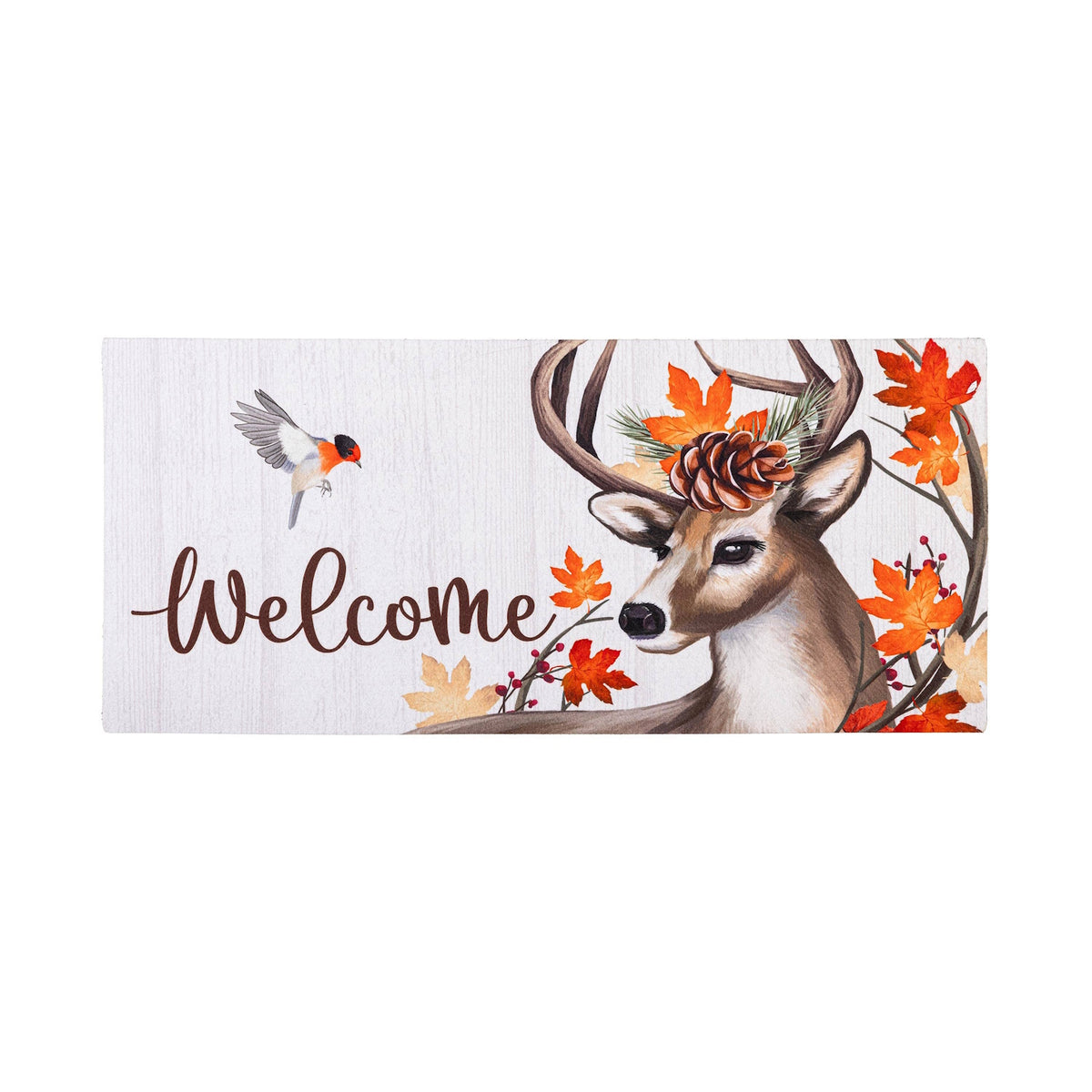Autumn welcome mat featuring a deer with a pinecone crown, a flying bird, and orange fall leaves.