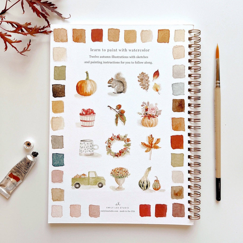 Back cover of an autumn watercolor workbook displaying festive fall illustrations and swatches.