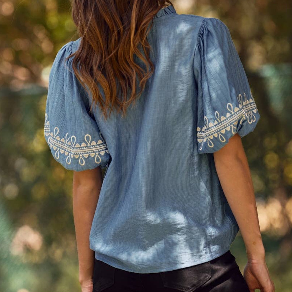 Back view of azure blue short bubble-sleeve blouse with white embroidered sleeve cuffs.