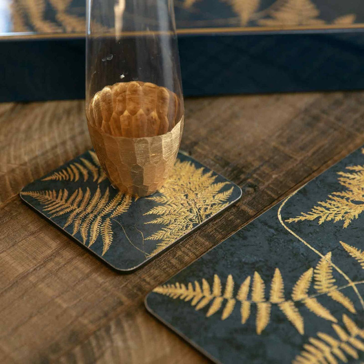 Navy Gilded Ferns Square Coasters, Set of 4
