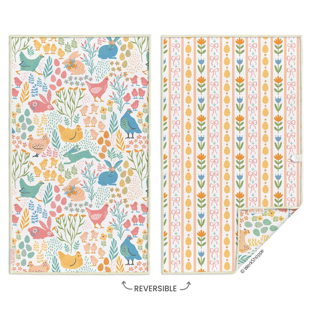 Two reversible patterned fabrics with animals and flowers on a white background