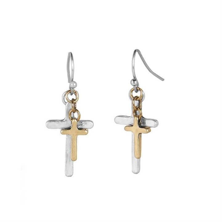 Mixed Metal Layered Cross Dangle Earrings