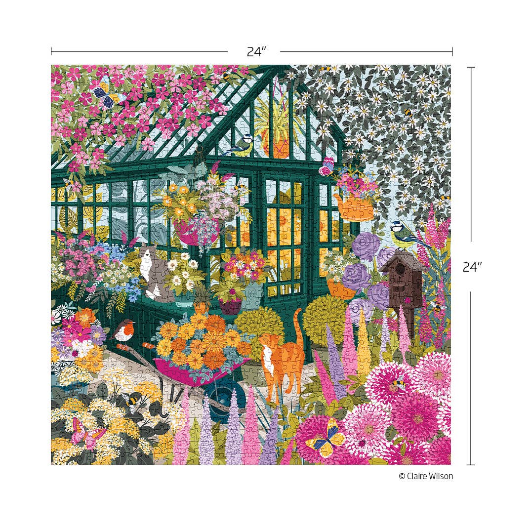 Colorful illustration of a garden scene with flowers and animals, framed by dimensions on a white background.