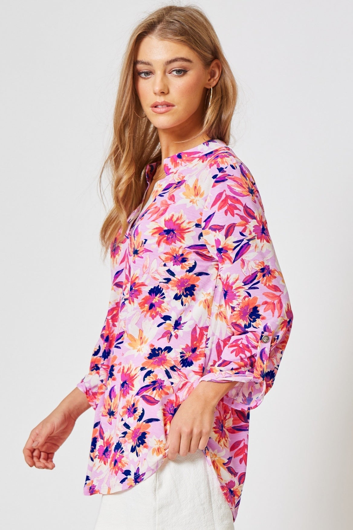 Lavender Multi 3/4 Sleeve Lizzy Wrinkle Free Top — alternate view 3