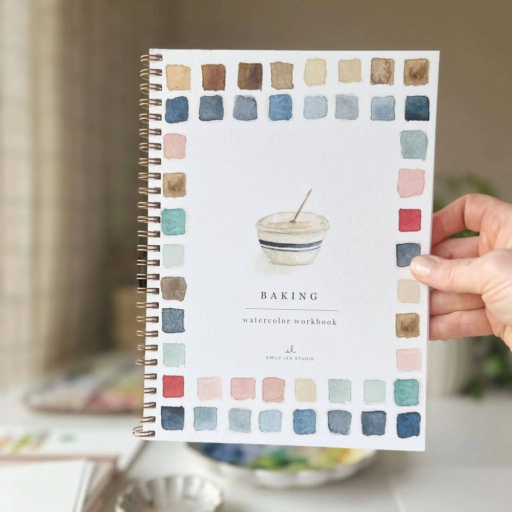 Emily Lex Studio Baking Watercolor Workbook cover featuring a mixing bowl illustration and colorful swatches.