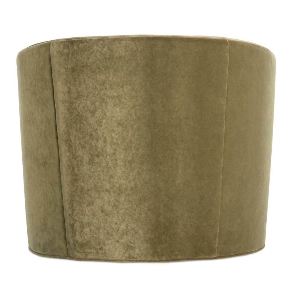 Back view of an olive green velvet barrel chair showing a smooth curved frame.